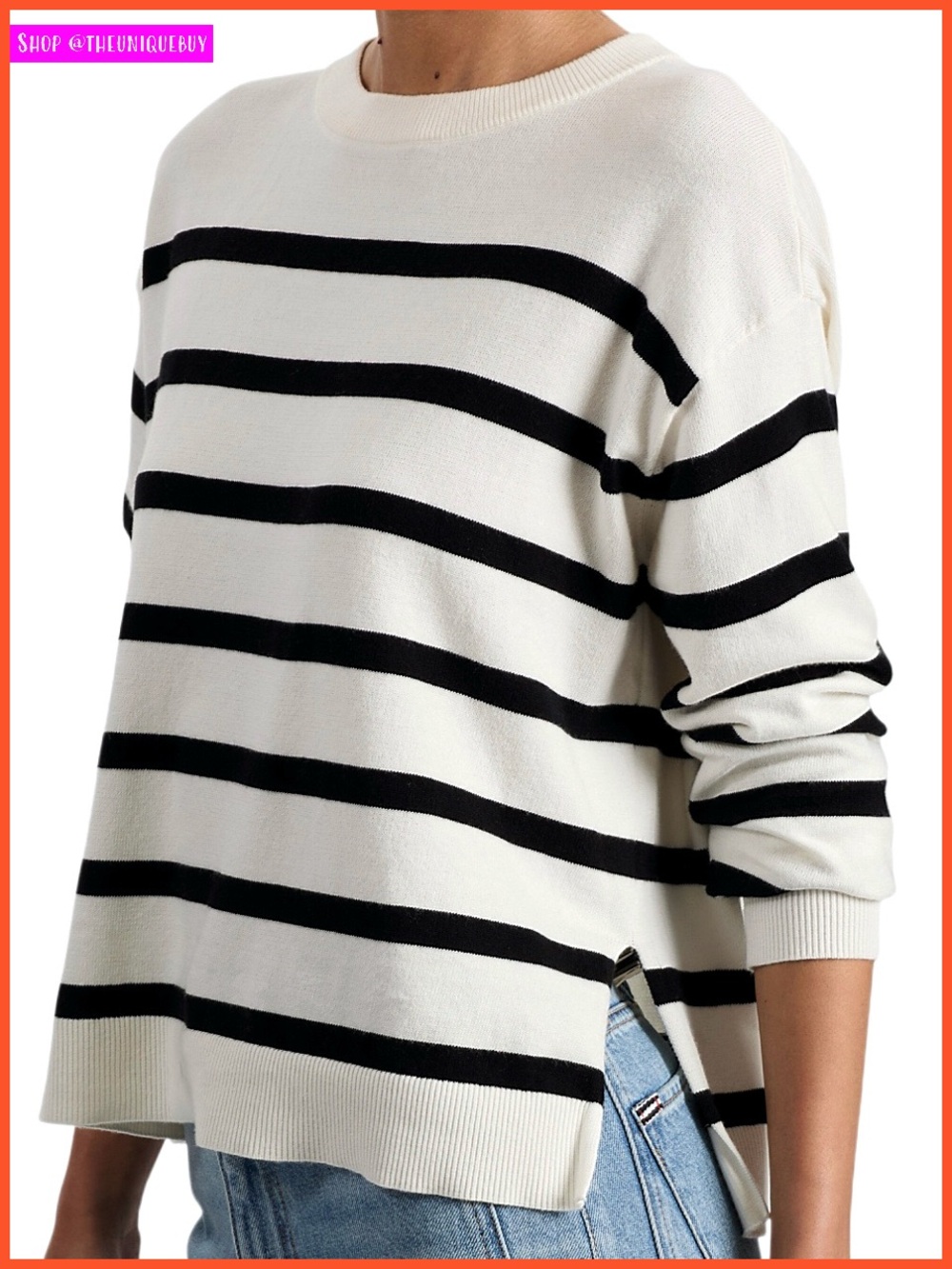 Alice + Olivia Patterson Black White Easy Striped Pullover Sweater